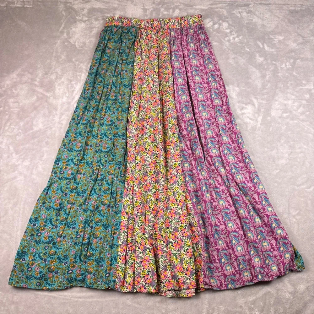 Natural Life Floral Patchwork Maxi Skirt Womens Medium Multicolor Boho Rayon